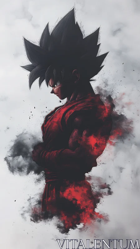 Brooding anime warrior stands wrapped in fiery red energy