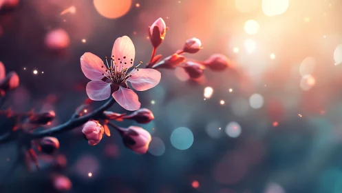 Pink blossoms with bokeh light effects on soft teal and warm background