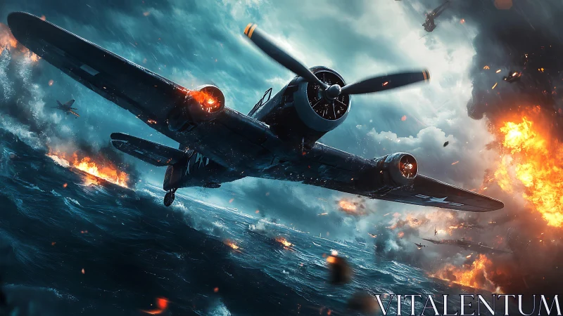 World War II fighter plane over stormy ocean in combat.