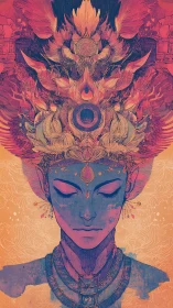 Surreal celestial portrait unites ornate headdress and meditative face