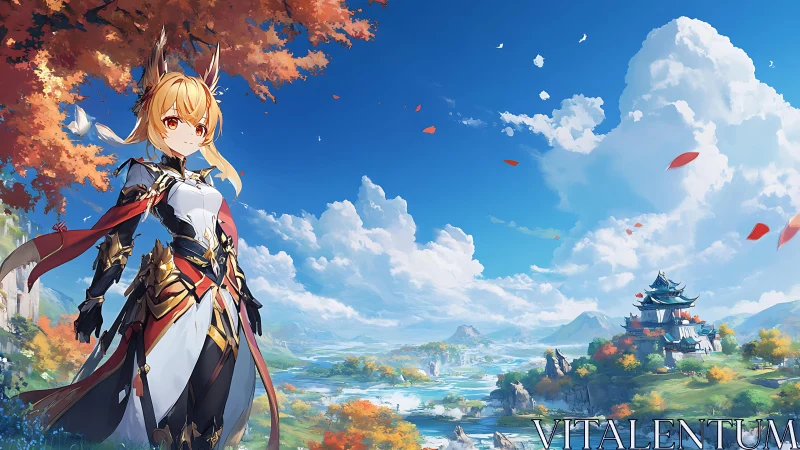 Fox warrior stands over autumn valley under bright sky.