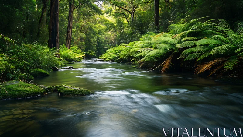 Stream flowing through temperate rainforest with fern-covered banks