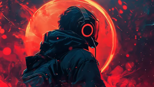 Hooded gamer stands before blazing neon red digital sun