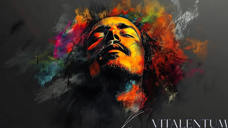 Portrait erupts in neon color against deep charcoal void.