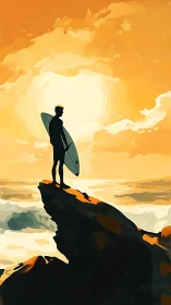 Silhouetted surfer on cliff edge in golden sunset seascape.