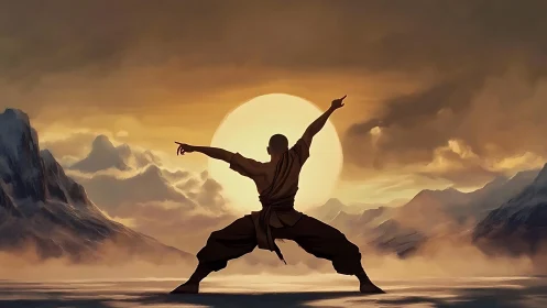 Martial artist silhouette holds balanced stance at sunrise.
