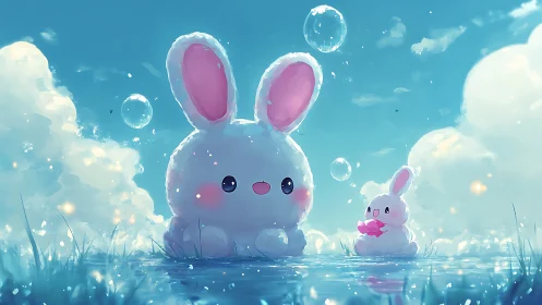 Two fluffy cartoon bunnies sit in shallow reflective water