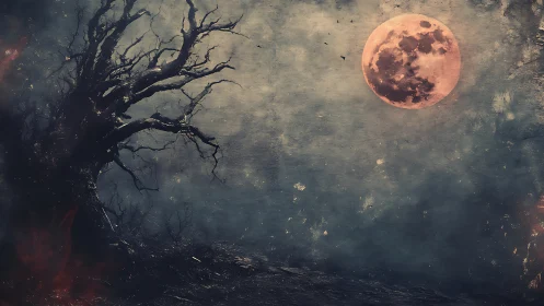 Blood moon rises above haunted twisted tree at night.