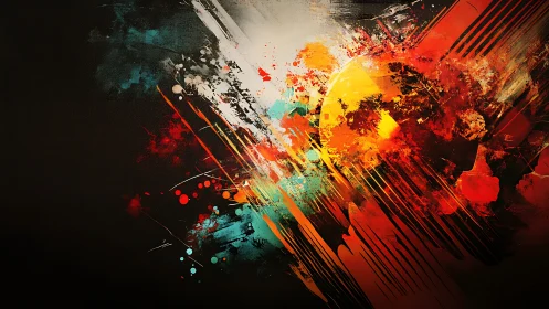 Solar collision of color streaks ignites the dark canvas.