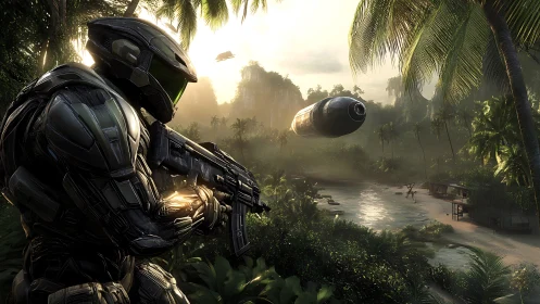 Armored soldier observing tropical river with hovering craft.