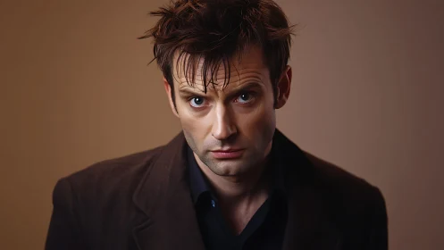 Moody male portrait under soft studio lighting focus face.