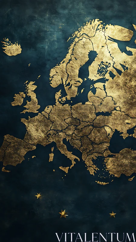 Textured golden map of Europe on dark blue background.