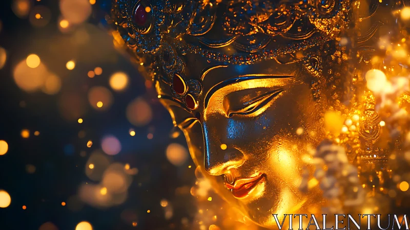 Golden divine face glows softly amid warm, magical lights