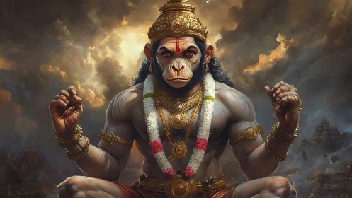 Hanuman monkey warrior deity sits in ornate golden armor