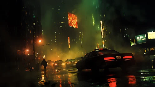 Midnight taxis drifting through neon rain and rising mist.
