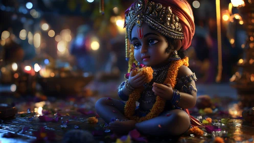 Divine child deity sits amid festive lights and flowers.