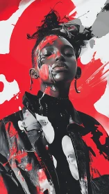 Paint-splashed rebel queen in crimson monochrome storm.