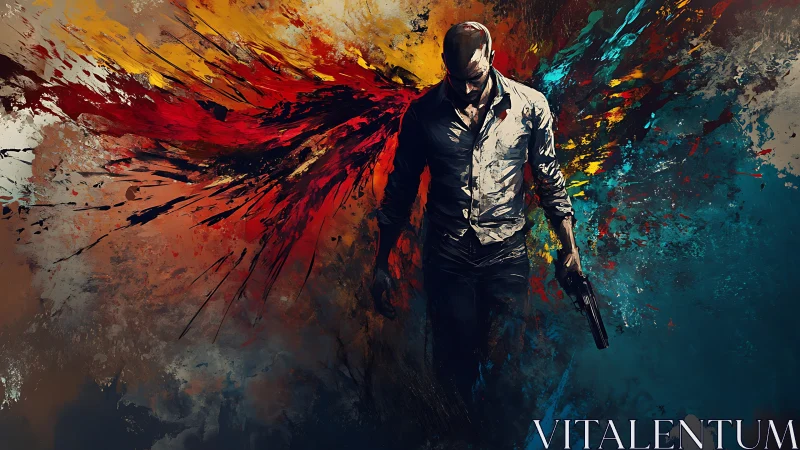 Solitary armed figure with explosive abstract chromatic wings