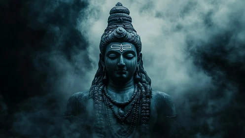 Atmospheric digital deity render with volumetric smoke fields.