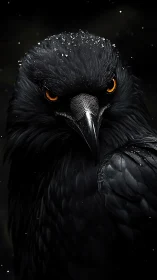 Midnight raven portrait with ember-bright, watchful eyes.