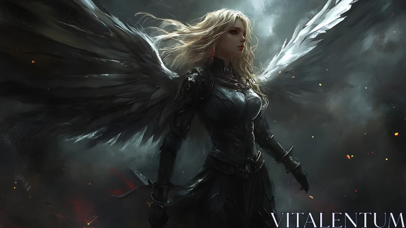 Dark winged battle angel strides through storm and fire.