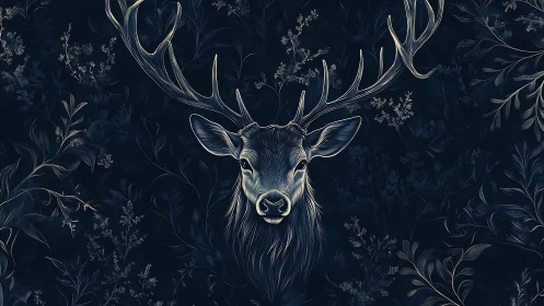 Line-art stag portrait with symmetrical antlers on dark botanical field