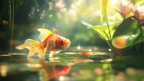 Sunlit goldfish drifts through a dreamy lily pond glow