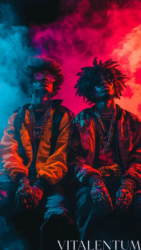 Neon street style duo glowing in electric club smoke.