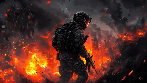 Armored Operative amid Urban Inferno: Digital Rendering.