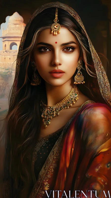 Graceful woman in ornate sari glowing with timeless elegance.