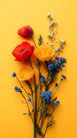 Vibrant Floral Arrangement on Yellow Background.
