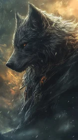 Stormlit armored wolf sentinel in glowing ember dusk.