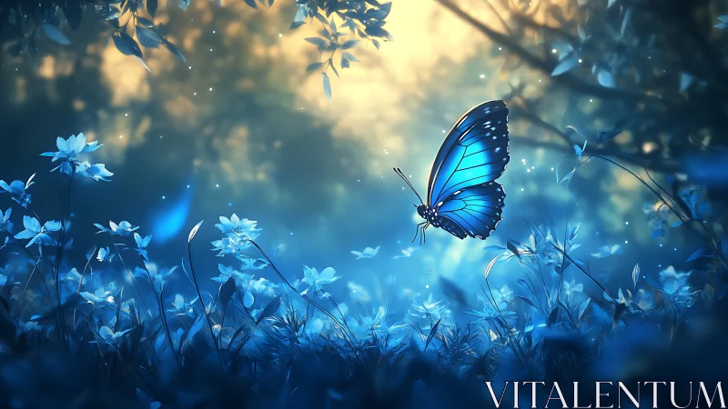 Bioluminescent blue butterfly hovering in ethereal forest glade