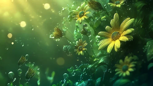 Dewlit yellow blossoms drift through emerald morning light