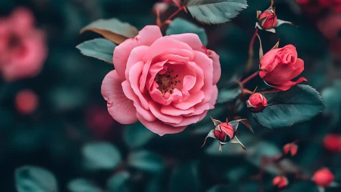 Pink garden roses with closed buds and teal foliage