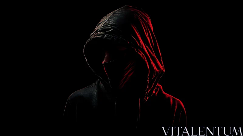 Shadowed hooded figure carved in crimson neon secrecy.
