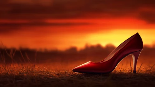 Red high-heeled shoe is positioned on grass at sunset
