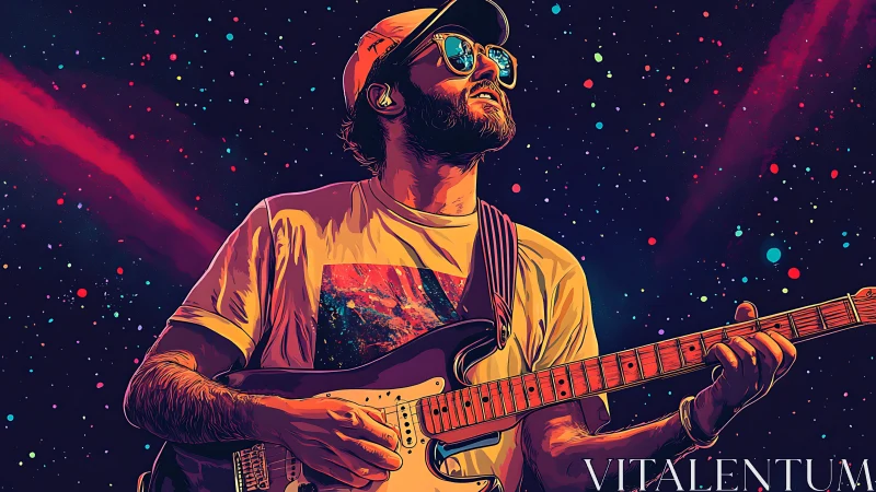 Starlit guitarist ignites neon cosmos with electric chords.