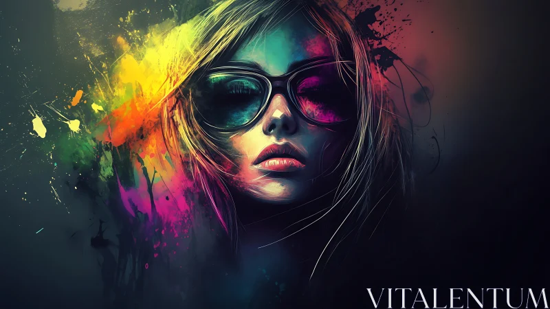 Neon-lit woman in sunglasses dissolves into vivid paint bursts.