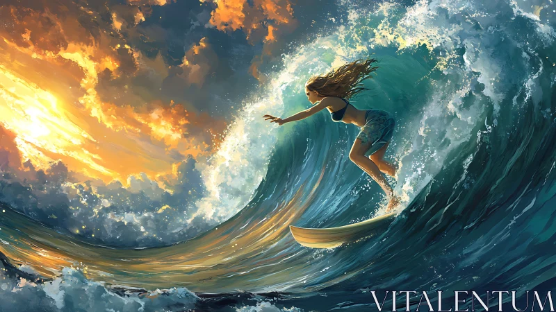 Dynamic digital painting of surfer riding luminous storm wave.