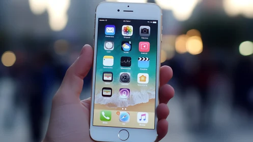 White iPhone held in hand displays colorful app icons with blurred urban backdrop.