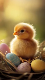 Fluffy baby chick nestled among colorful spring eggs.