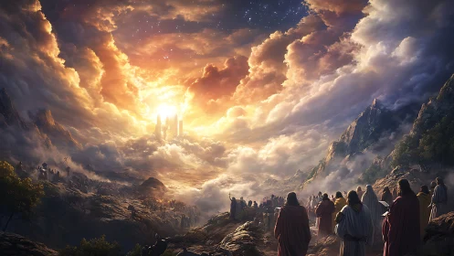 Eschatological cloudscape with converging pilgrims and radiant gate.