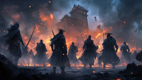 Samurai silhouettes before burning fortress under smoke.