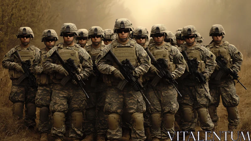 Infantry squad in full combat load under diffused field light.