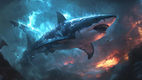 Colossal shark ascends through stormlit ocean inferno.