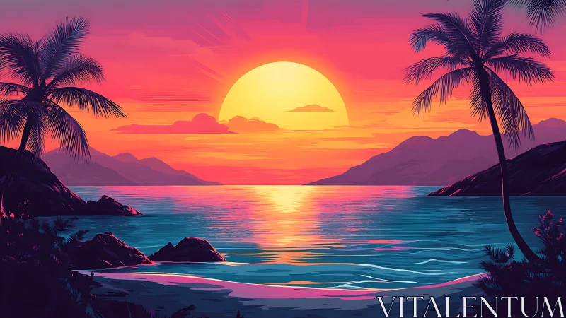 Neon tropic sunset cradles palm shore in electric calm.