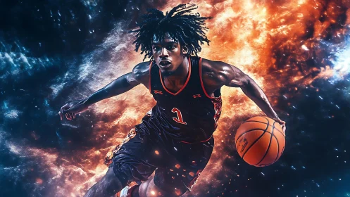 Explosive cosmic basketball drive with blazing energy trail.
