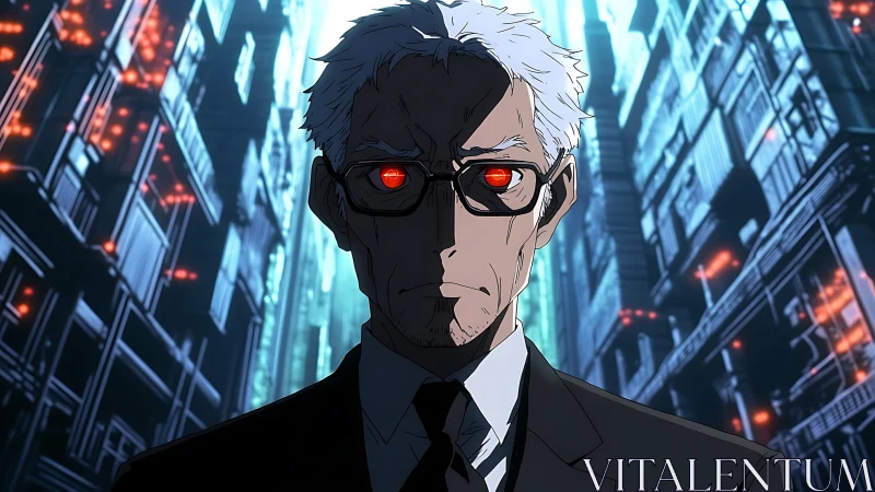 Cyberpunk elder with burning red eyes in neon canyons.