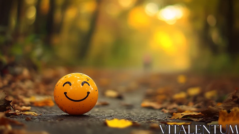 Smiling autumn ball beaming joy along a leaf-lit path.
